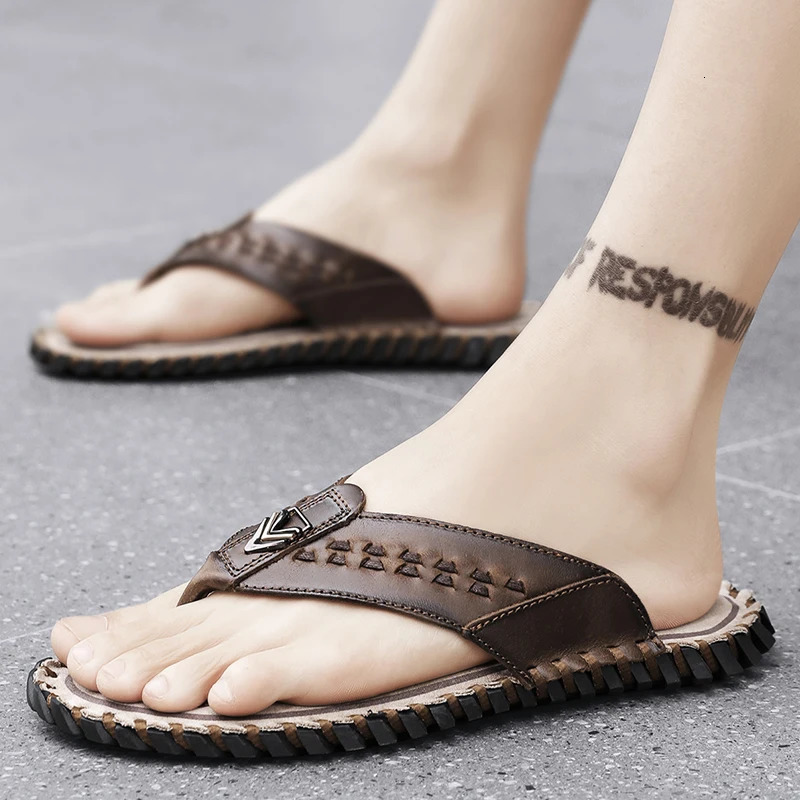 Golden Sapling Beach flap summer mens shoes genuine leather apartment retro mens shoes fashion outdoor slider casual shoes 240615