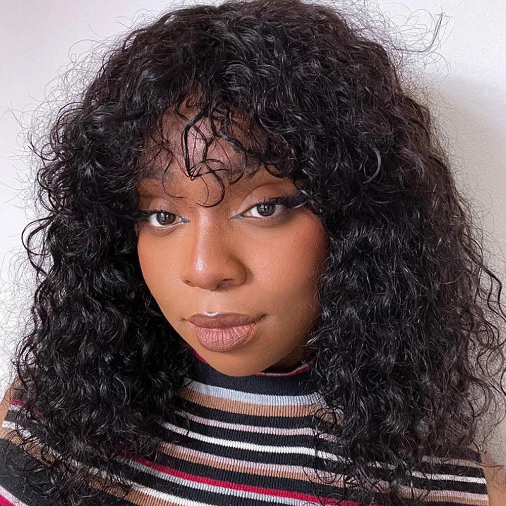 Free shipping 200 Density Short Human Wigs for Black Women Brazilian Remy Hair No Lace Front Synthetic Curly Bob Wig with Bangs Glueless