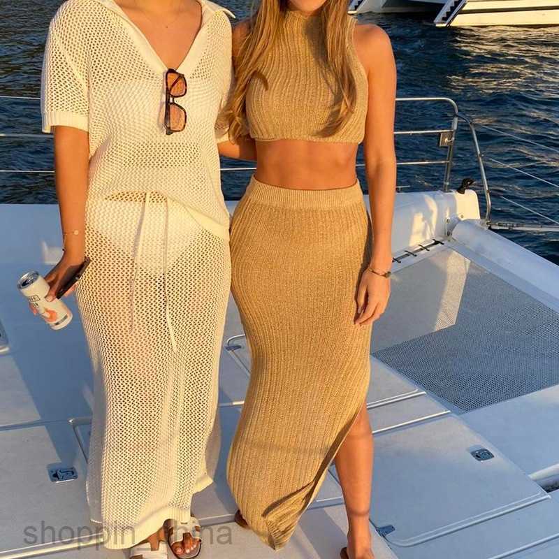Two Piece Dress Sets Fashionable and Sexy Open Waist Suspended Tank Top, Temperament Split Slim Long Dress Girl's Set