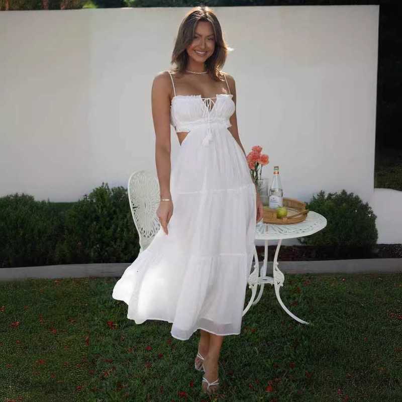 Basic Casual Women Dresses Summer new women's fashion temperament suspender sexy hollow out long skirt backless patchwork large hem dress