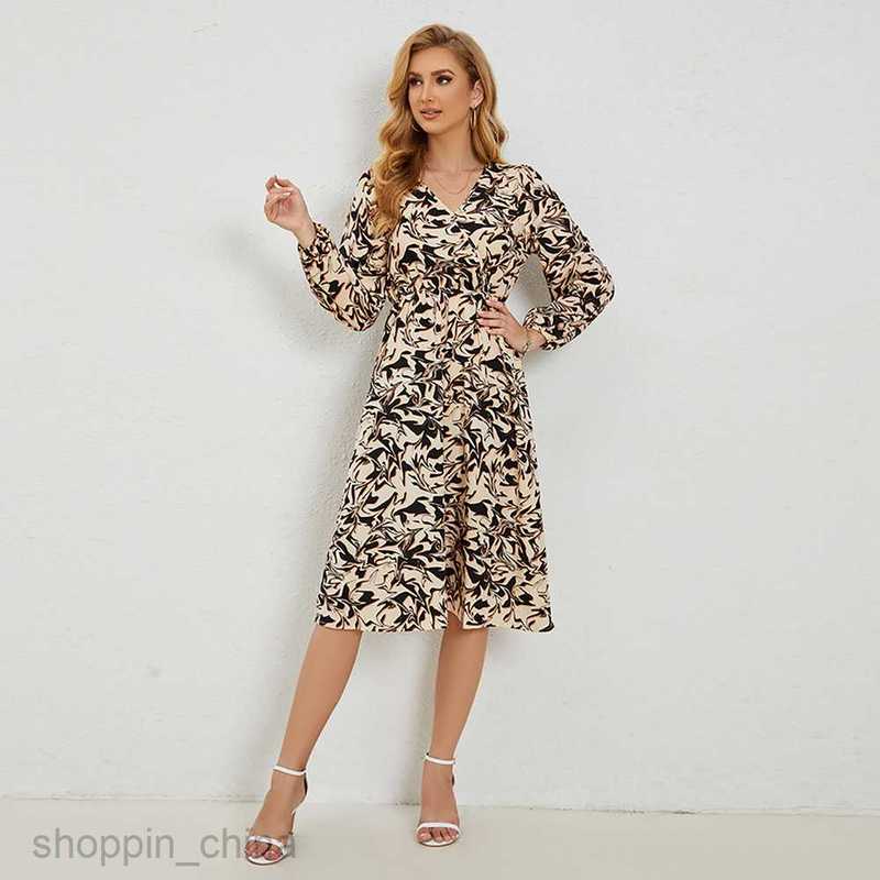 Basic Casual Women Dresses Spring and Autumn Elegant V-neck Printed Waist Wrapped Casual Long sleeved Dress JR2505