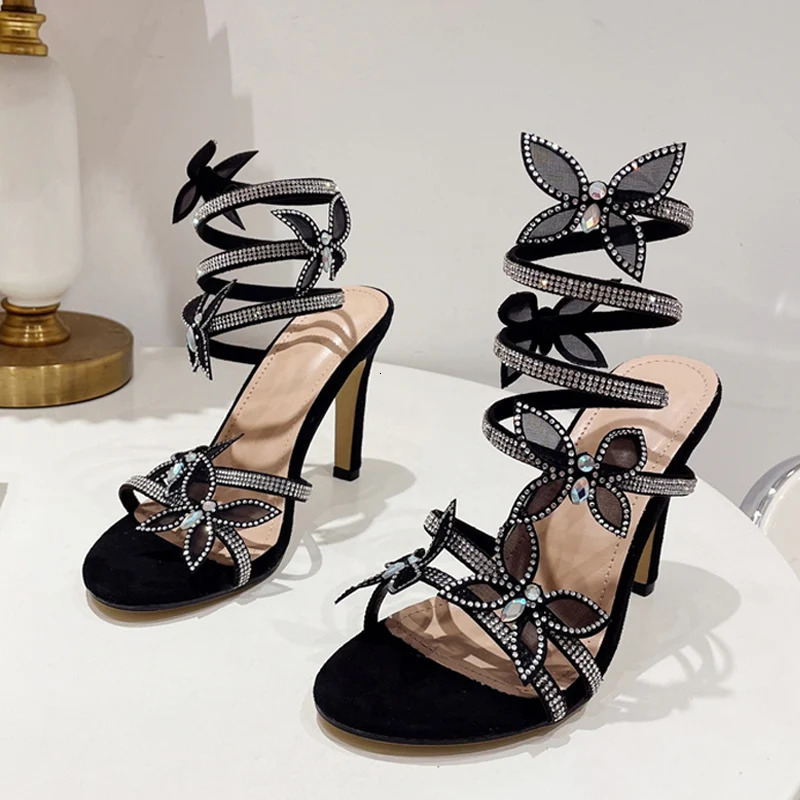Liyke 2024 Crystal Butterfly Open Toen Thin High Heels Fashion Rhinestone Snake Coiled Ankle Strap Sandals Women Summer Shoe 240615