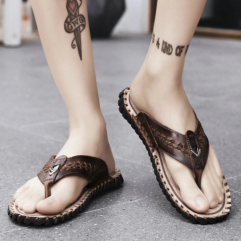 Golden Sapling Beach flap summer mens shoes genuine leather apartment retro mens shoes fashion outdoor slider casual shoes 240615