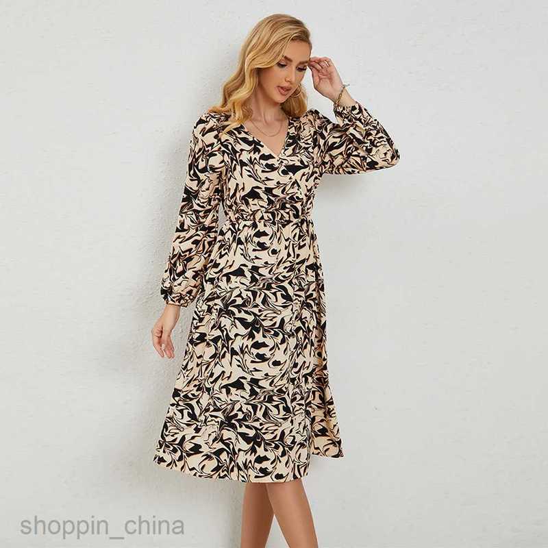 Basic Casual Women Dresses Spring and Autumn Elegant V-neck Printed Waist Wrapped Casual Long sleeved Dress JR2505