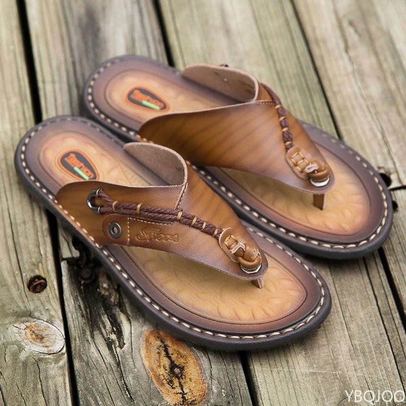 Summer Handmade Leather Slide Fashion Mens Flip Outdoor Breathable and Comfortable Mens Simple Sandals 240615