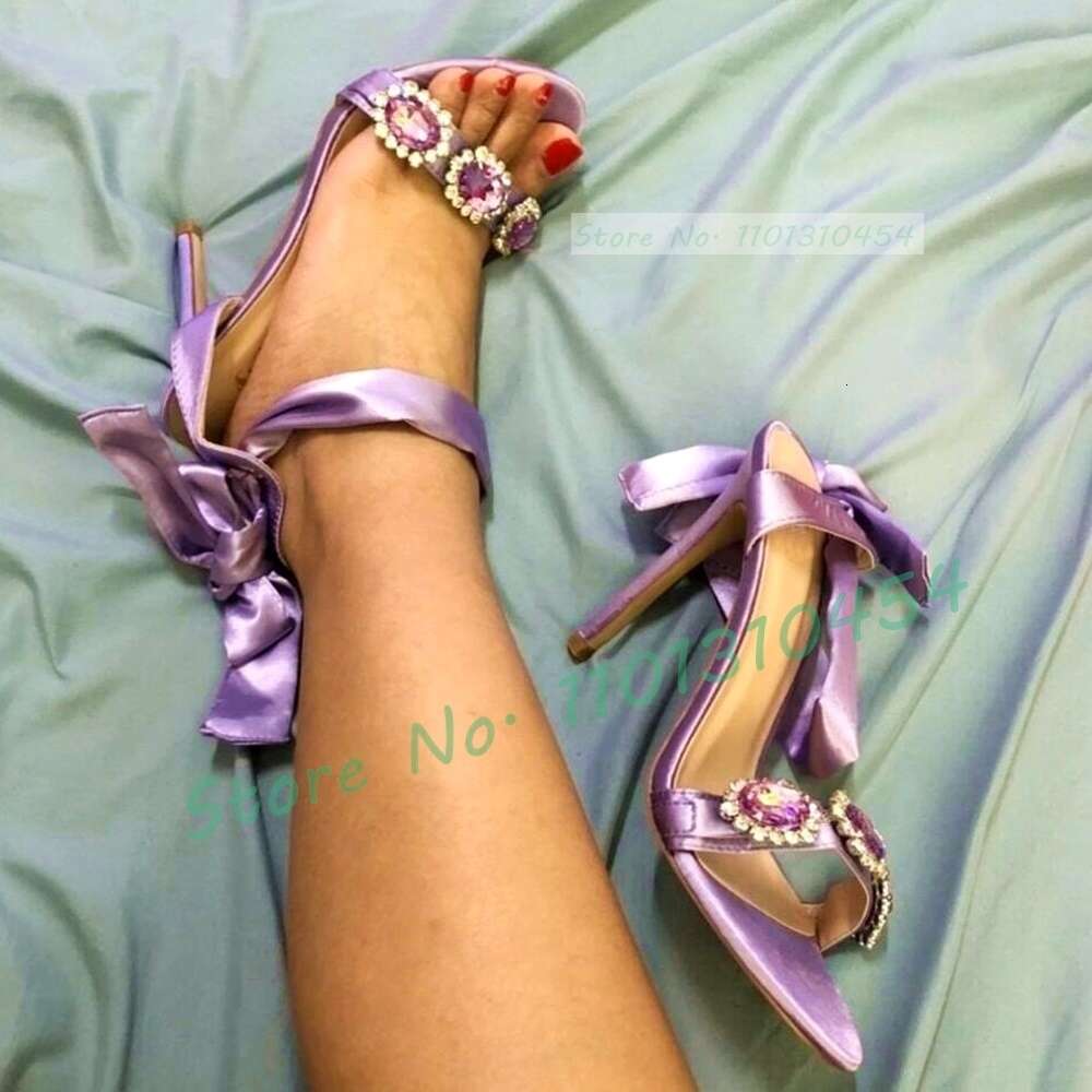 Light Purple Ribbon Sandals Women Elegant Gem-Encrusted High Heels Female Open Toe Silk Lace-Up Sparkly Party Shoes