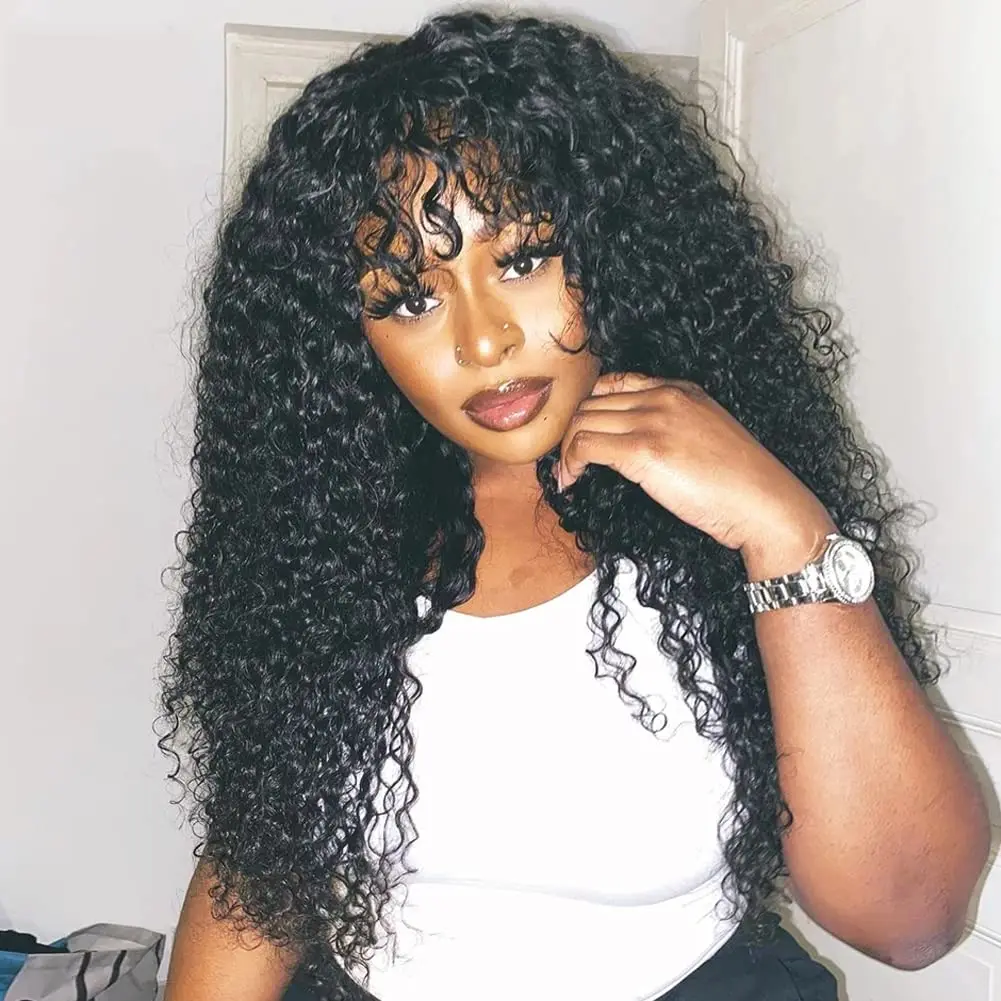 180 Density Brazilian Short Kinky Curly Wigs with Bangs for Black Women Simulation Human Hair Wig Glueless Jerry Curly Synthetic Lace Front Wig