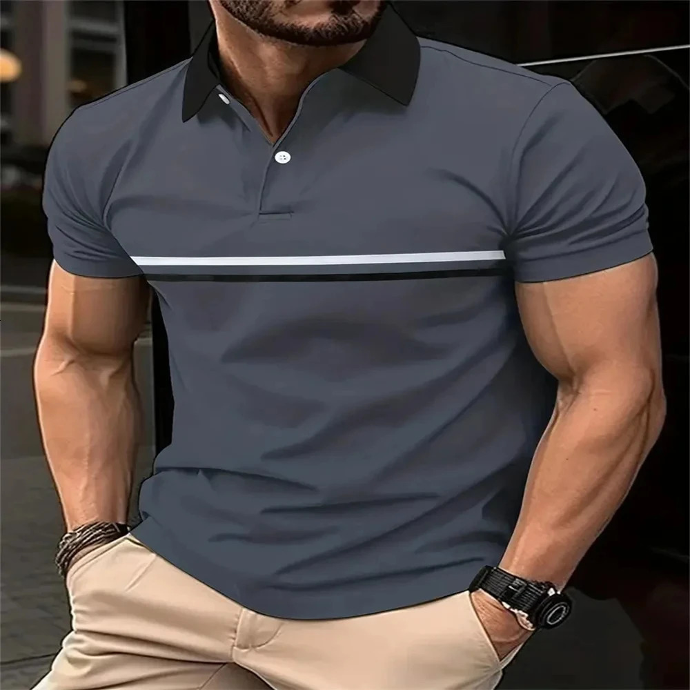 Summer Men Polo Shirt Plaid Printed Business Casual Simple Lapel Button Shirts Oversized Short Sleeve Outfits Fashion Tops 240601