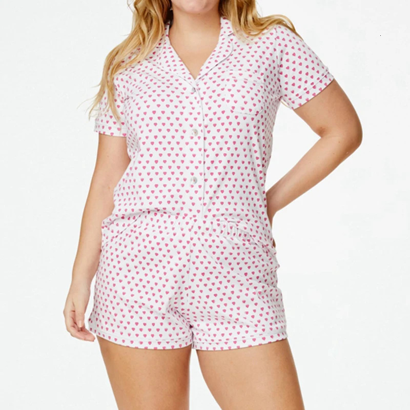 Women 2 Piece Pajama Set Heart Print Short Sleeve Button Up Blouse Tshirt Top Shorts Sleepwear Loungewear for Valentines Day 240601