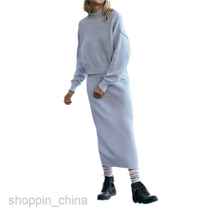 Two Piece Dress Sets Women's Fashion Sexy waist Long sleeved Short Top Temperament Knitted Long Dress Set
