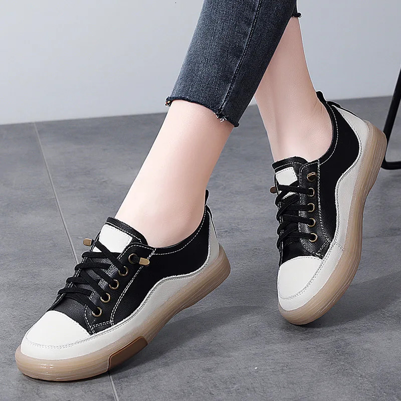 Genuine leather womens soft soled walking shoes womens student patchwork sports shoes white and black apartments womens casual skateboarding es summer