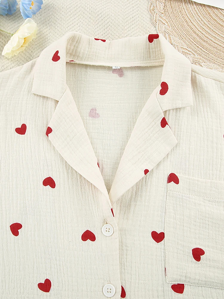 Hiloc Love Print Cotton Pajamas For Women SingleBreasted Pocket In Womens Sleepwear Lapel Long Sleeve Woman Clothing 240601