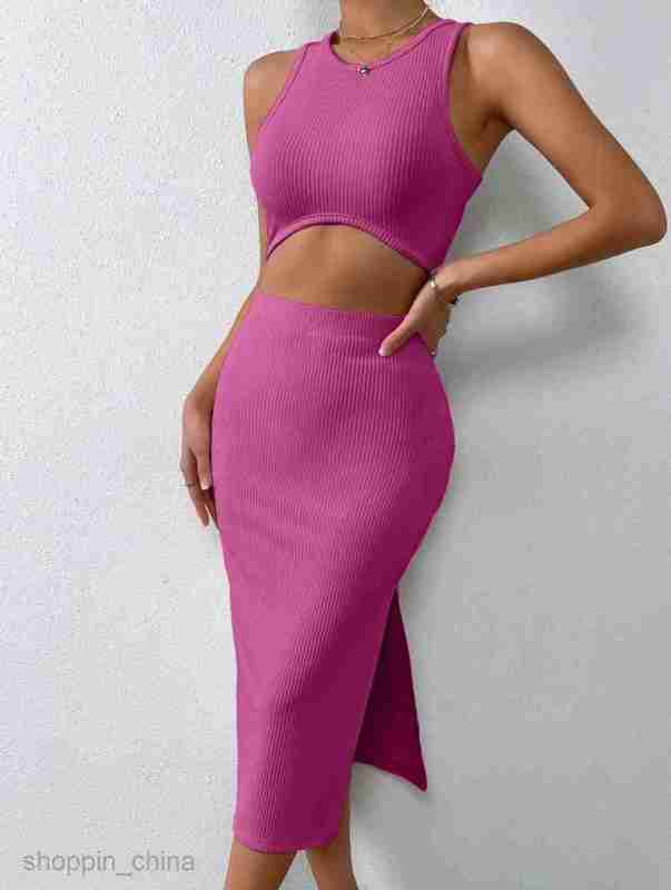 Two Piece Dress Sets New Women's Slim Knitted Wrapped Hip Skirt Style Two Piece Set Autumn waist One Step Skirt