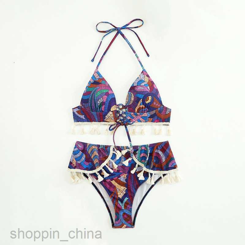 Women's Sexy Swimwear New Printed Style Hanging Neck Strap Tassel Bikini female Swimwear Fashion Swimwear