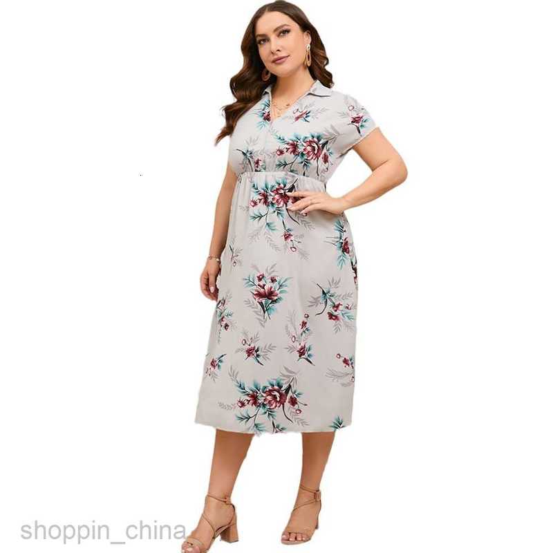Basic Casual Women Dresses Large size women's summer new shirt collar short sleeved side slit dress JR5051