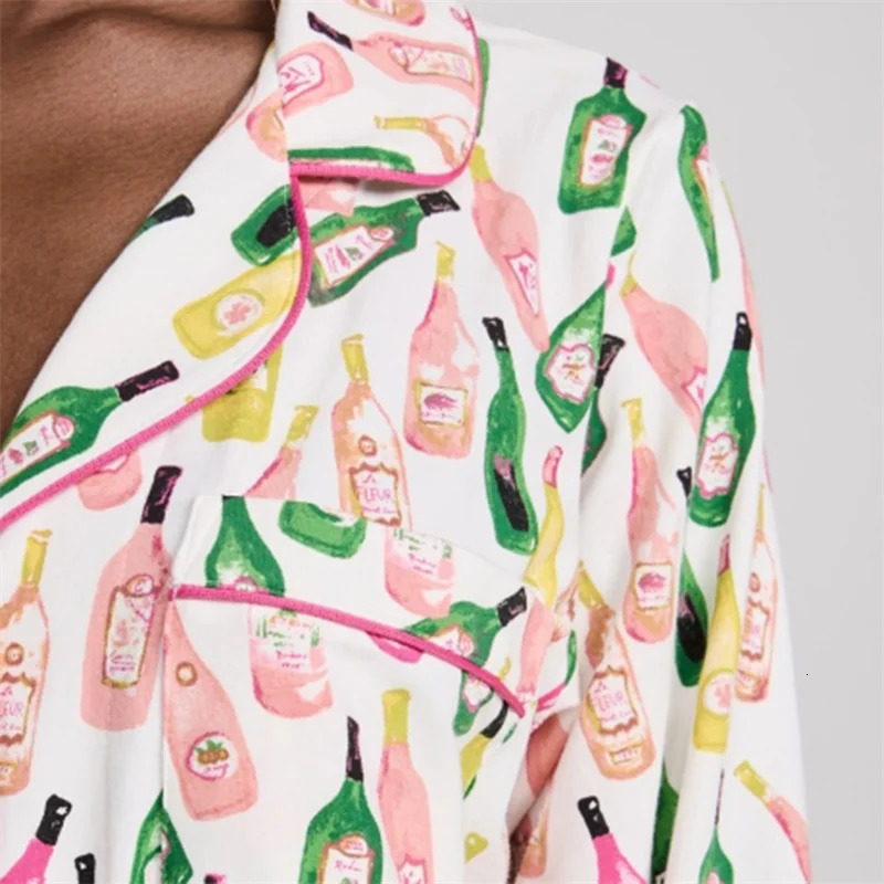 Wine Bottle Pajamas y2k Clothes Women Lapel Neck Single Breasted Short Sleeve Shirt Top and Shorts 2000s Loungewear Sleepwear 240601