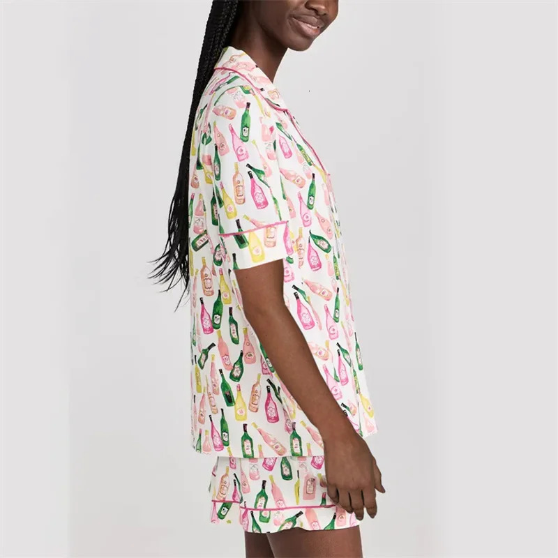 Wine Bottle Pajamas y2k Clothes Women Lapel Neck Single Breasted Short Sleeve Shirt Top and Shorts 2000s Loungewear Sleepwear 240601