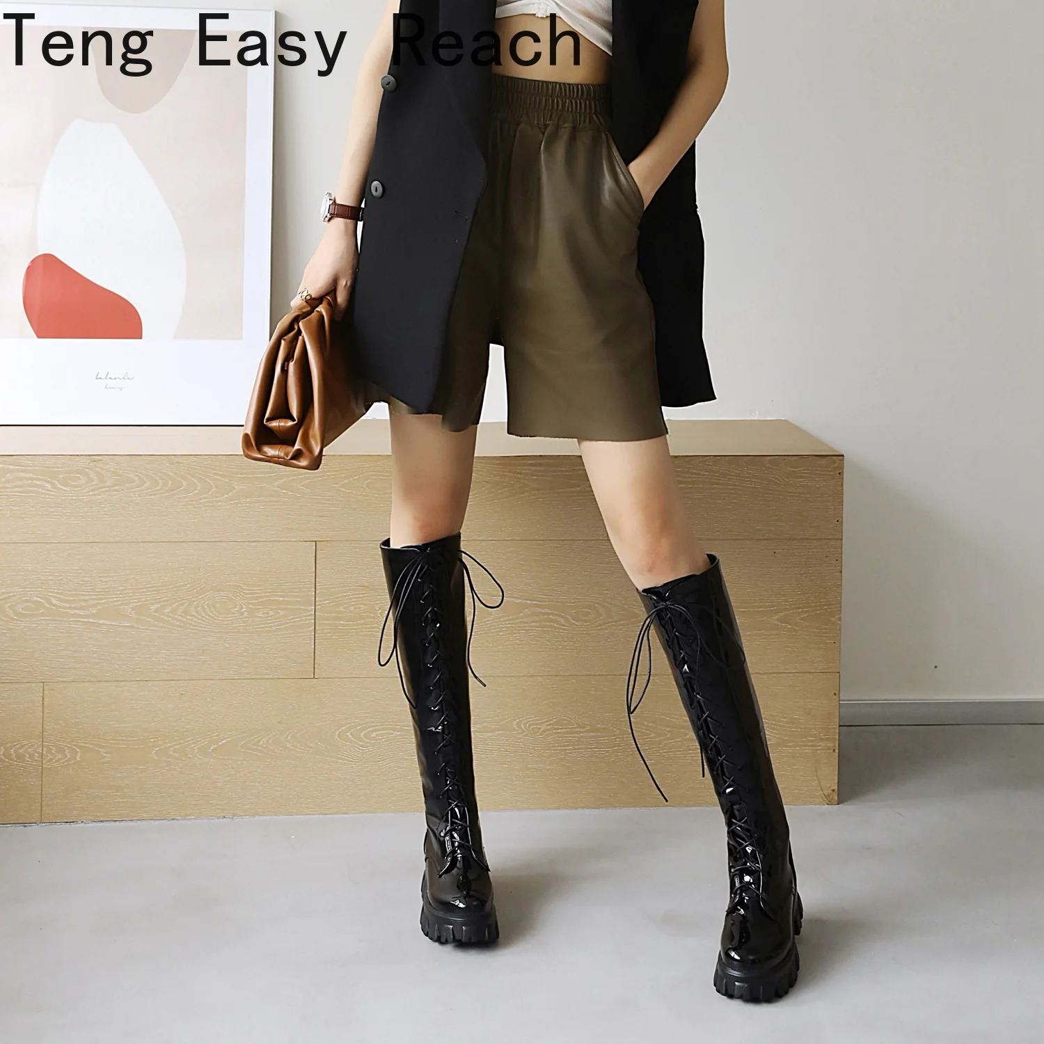 Womens thick soled motorcycle boots womens knee high boots autumn and winter patented womens lace up casual boots red size 35-43 240614