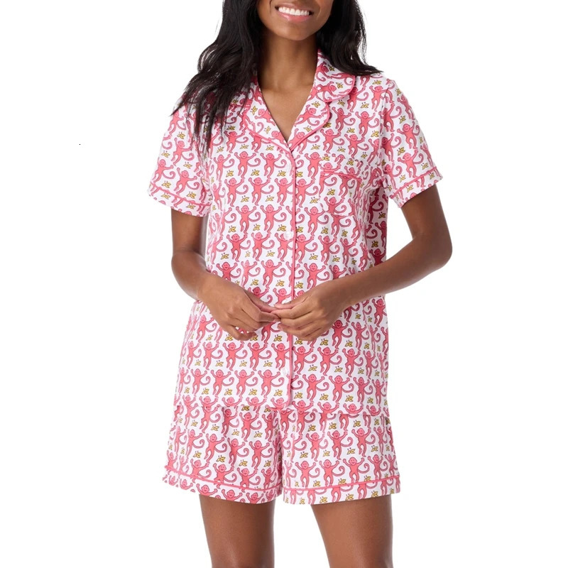 2025Rainbow Monkey Print Comfy Lounge Pama Y2K Vintage Short Sleeve Blouse Shirt Top Shorts 2 Piece Set Outfits Women Sleepwear