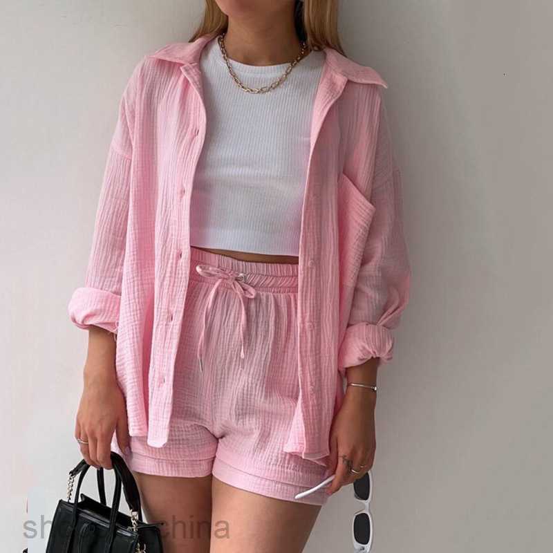 Women's Tracksuits new casual solid color button up shirt jacket drawstring shorts sports two-piece set Sets