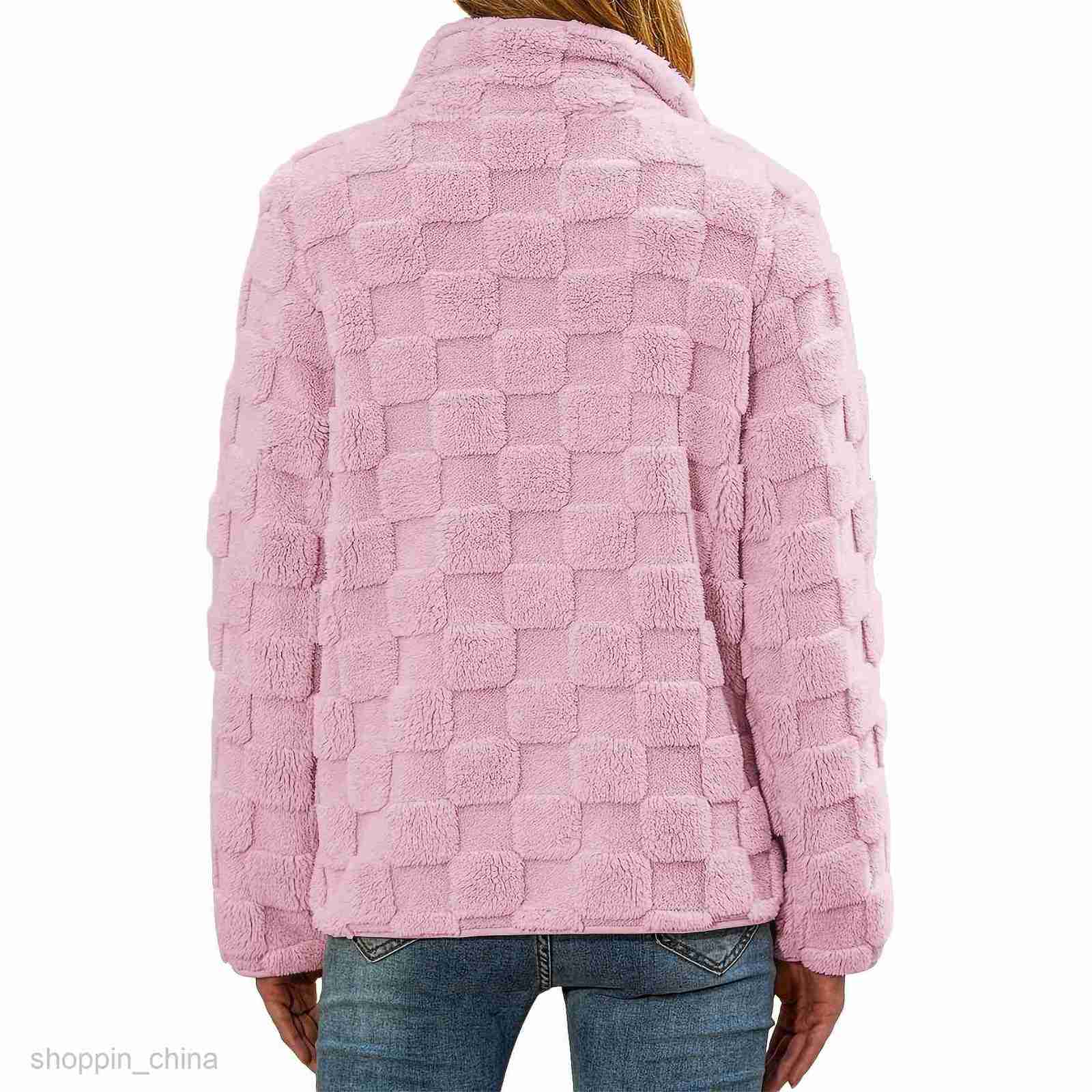 Women Jackets Coats Spring and Autumn New Zipper Loose Solid Color Pocket Checkered Long Sleeve Plush Coat PG2351