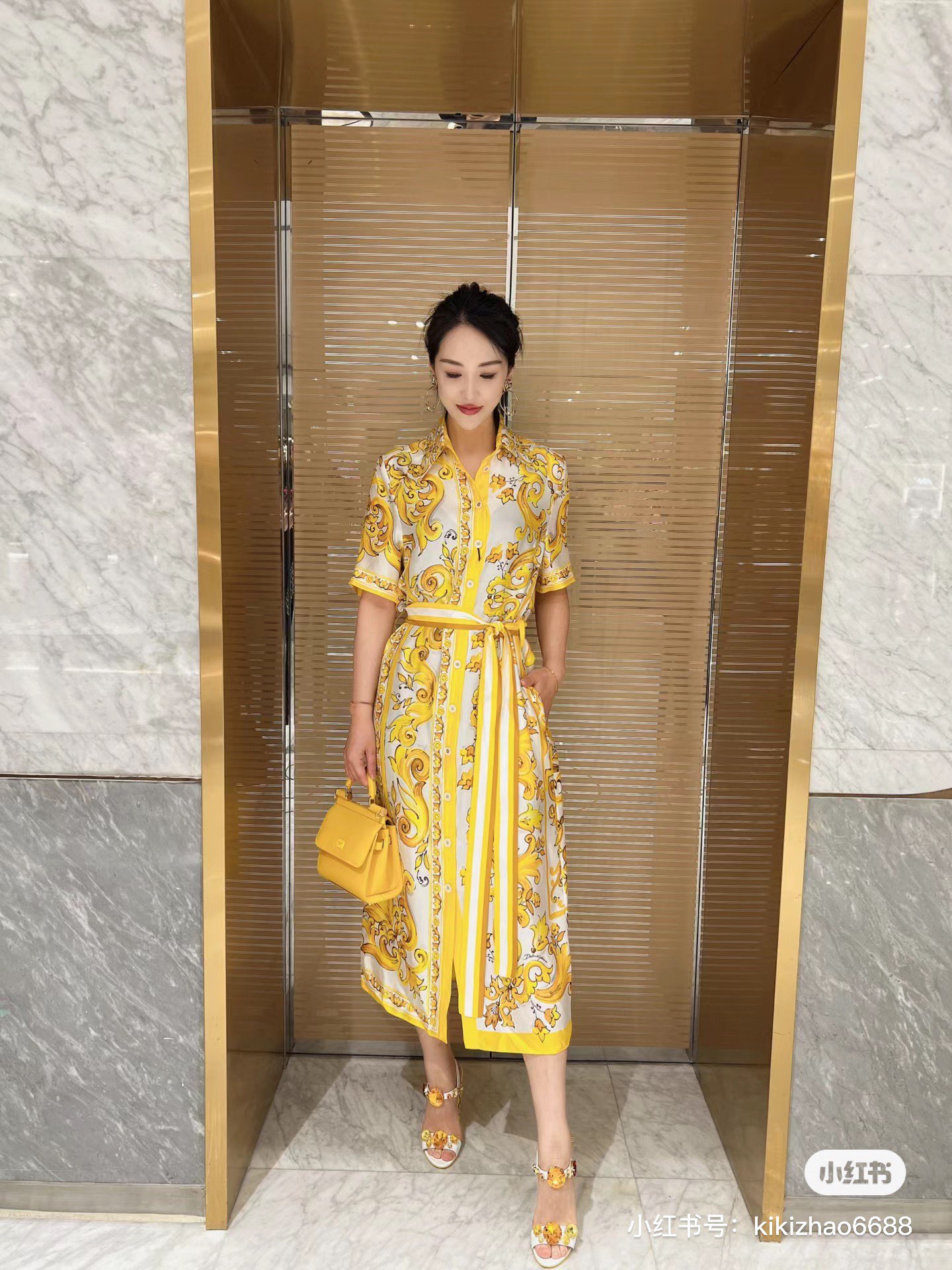 European Designer Designs 2024 New Yellow Porcelain Cotton Cloth Waist Wrap Custom Button Shirt Dress