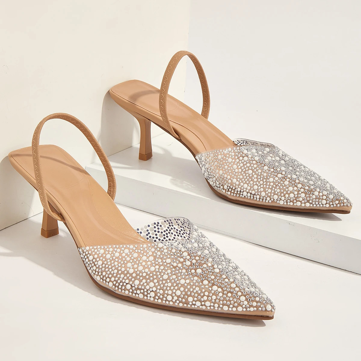 Glamorous Womens Heeled Sandals Translucent Faux Pearls Decor Sgback Stiletto Comfy Lightweight Prom Heels Summer 240615