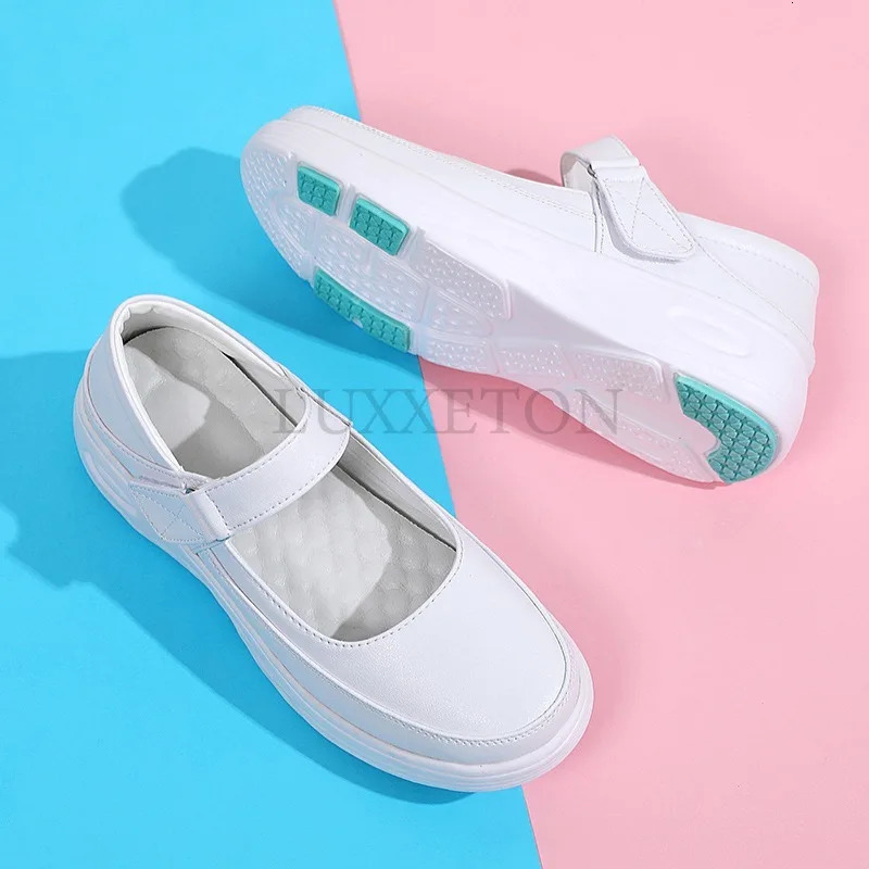 Genuine leather air cushion nurse shoes womens spring soft soles breathable thick soles womens shoes white shoes 240614