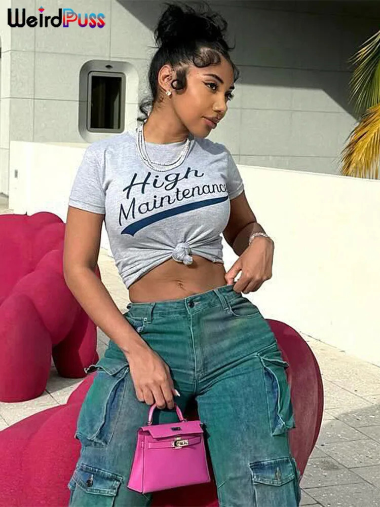 Weird Puss Letter Print TShirt Women Summer Casual Short Sleeve Knot Crop Tops Wild Streetwear Basic Stretch Soft Tees 240601
