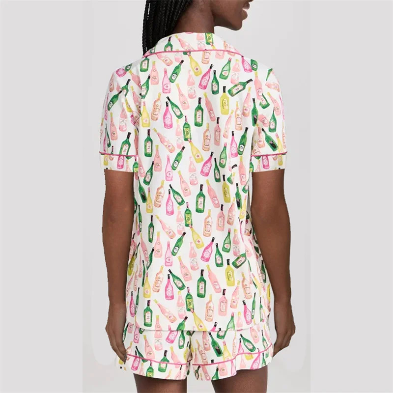 Wine Bottle Pajamas y2k Clothes Women Lapel Neck Single Breasted Short Sleeve Shirt Top and Shorts 2000s Loungewear Sleepwear 240601