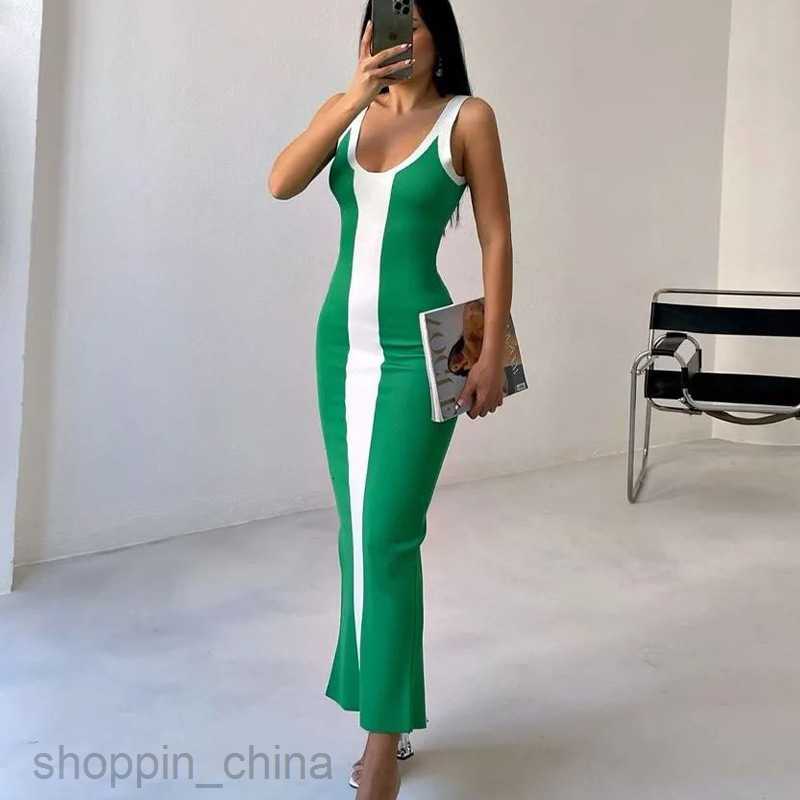 Basic Casual Women Dresses spring summer sexy contrast color knitted medium length tight suspender split color matching dress