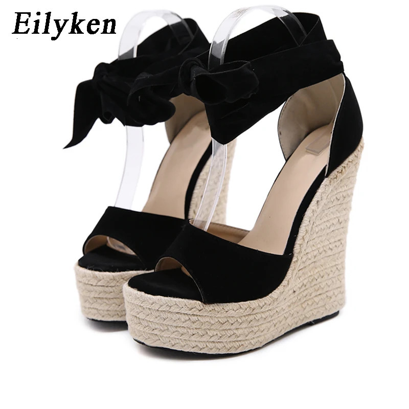 EilyKen Women Summer Butterfly Knot Solid Black Open Toe Sandals Fashion Platform High Heel Wedge Shoes Ankle Bowtie Dress Pumps 240615