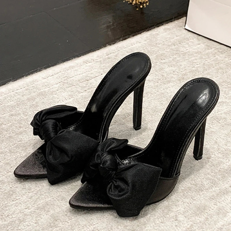 Liyke Sexy Pointed Toe Mules High Heels Slipper Female Summer Party Banquet Shoes Fashion Butterfly-knot Women Slides Sandals 240615