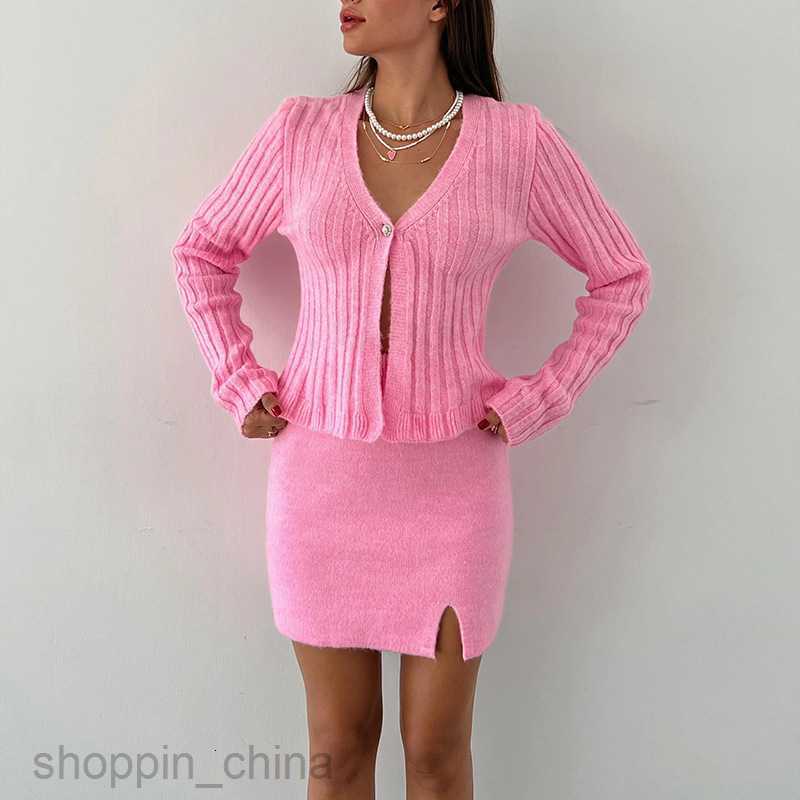 Two Piece Dress Sets New Spicy Girl Pink Set Trendy Solid Color Long sleeved Short Skirt Two piece Set for Autumn and Winter