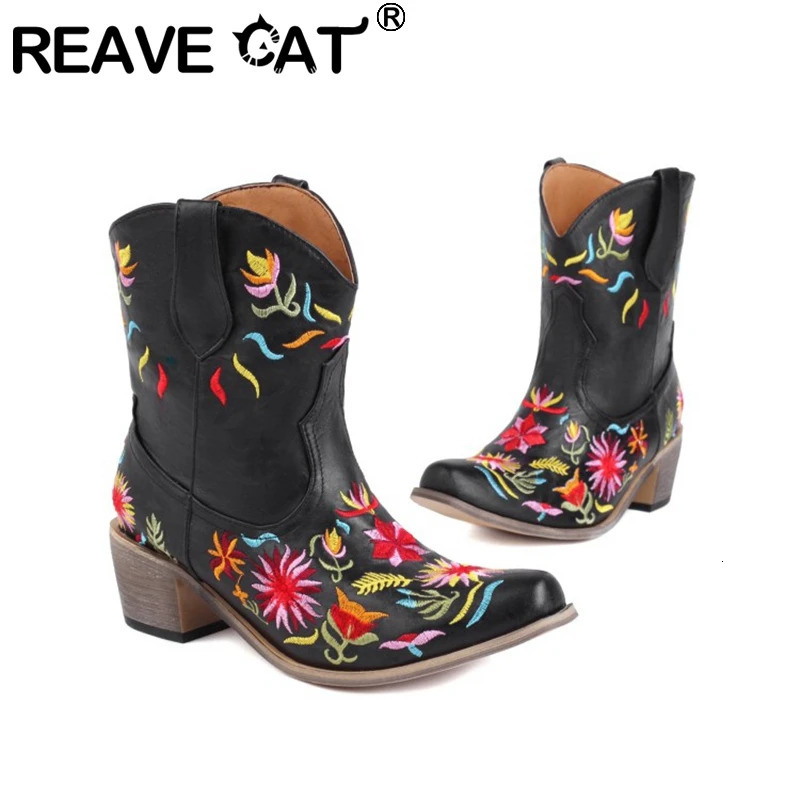 REVE CAT Womens Ankle Boots Cowboy Corner Toe Square Thick Heel Leather Pull Plus Size 35-48 Black and White Casual Autumn 382 240615