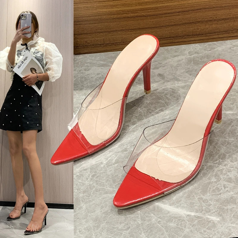 Trendy Sexy Heeled Ladies Pointed Open Toe Slip on Party Stiletto High Heel Clear Mule Slides Woman Nude Transparent Shoes 240615