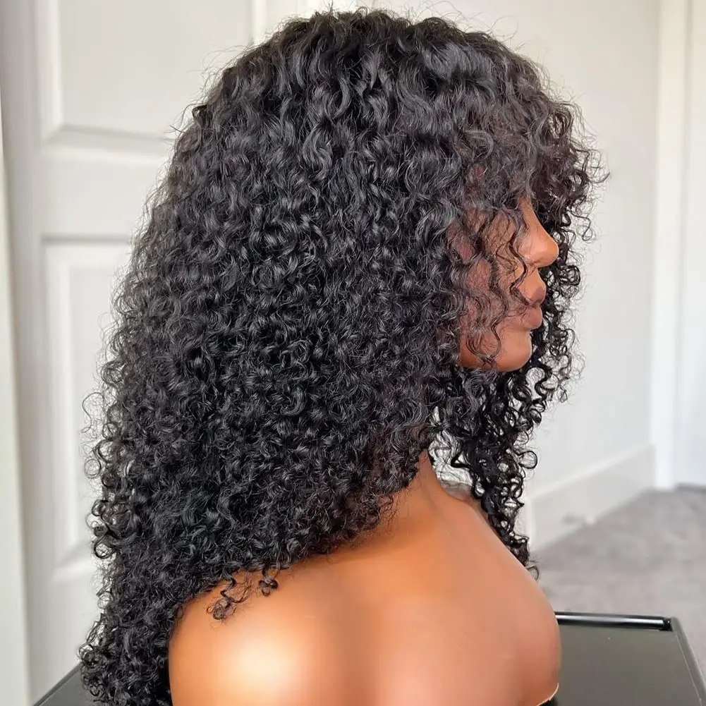 180density Black Curly Wigs human hair Kinky Afro lace front Wigs For Afro Curly Black Wigs for Women Short Curly Synthetic Wig With Bangs