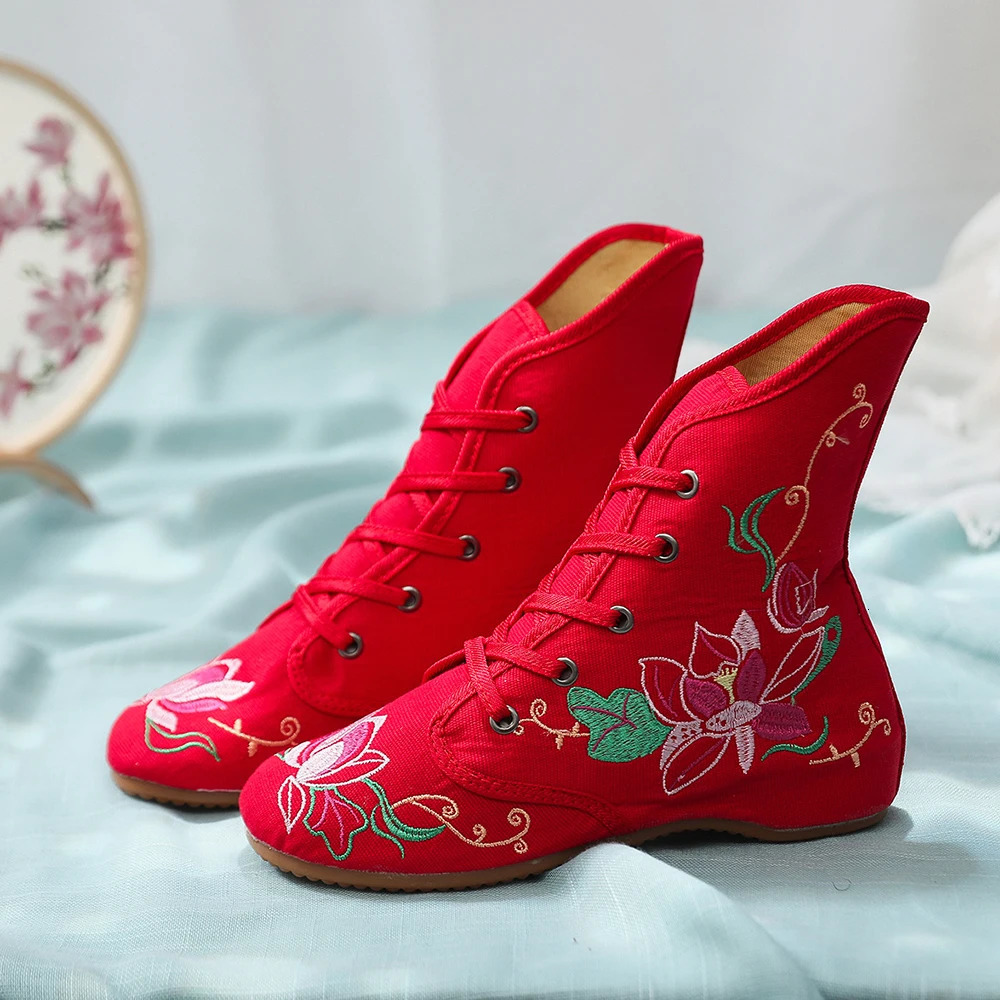 Veowalk Handmade Flower Embroidery Womens Cotton Fabric Ankle Boots Womens Lace Top Casual Short Boots Shoes Ship Unprinted Good Product 240614