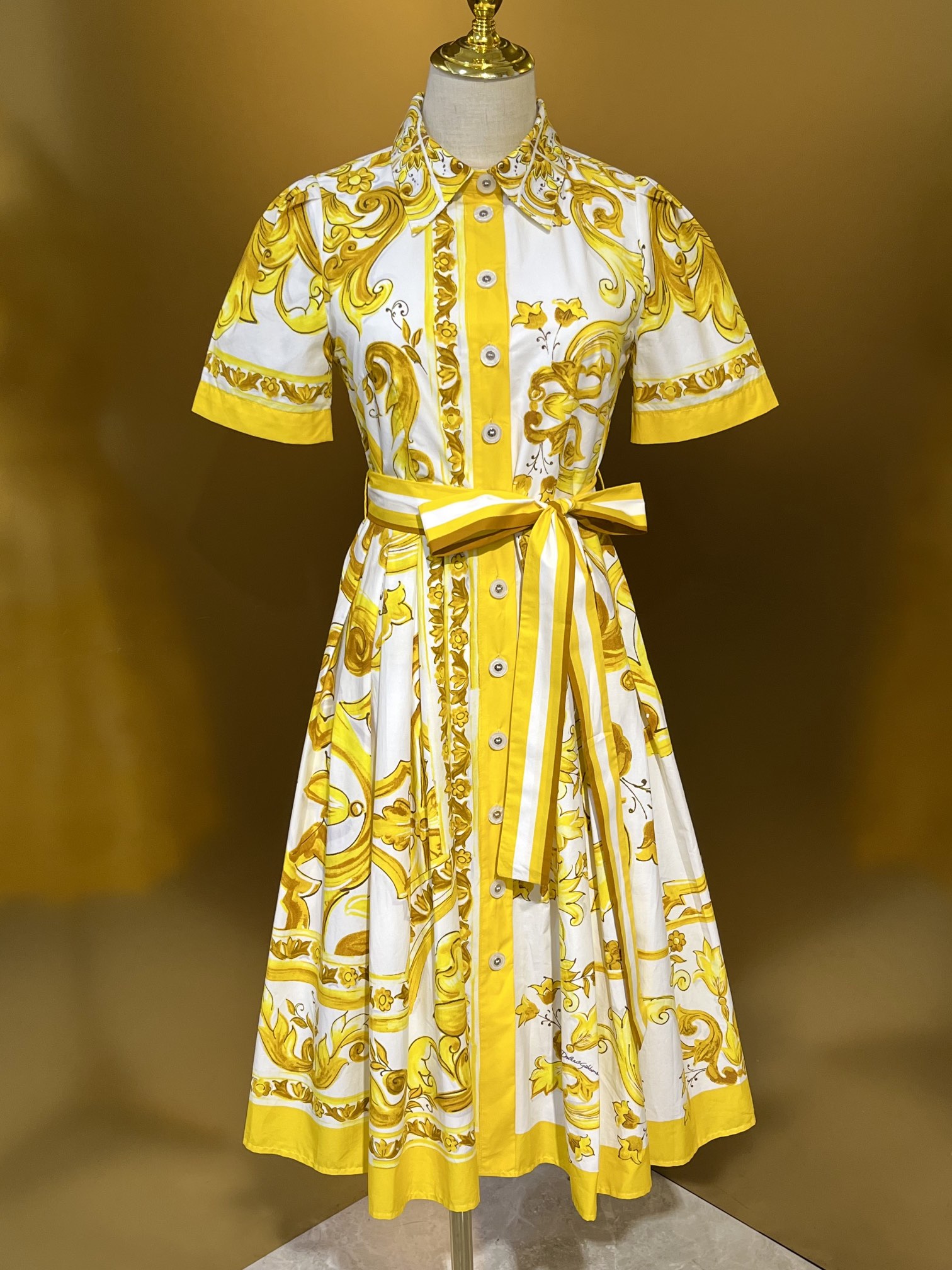 European Designer Designs 2024 New Yellow Porcelain Cotton Cloth Waist Wrap Custom Button Shirt Dress