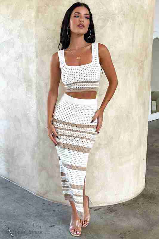 Two Piece Dress Sets Women's Summer New Sleeveless Tank Top Sexy Split Stripe Skirt Knitted Set