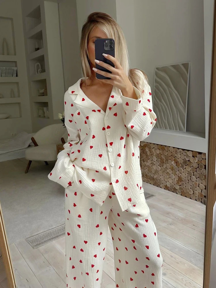 Hiloc Love Print Cotton Pajamas For Women SingleBreasted Pocket In Womens Sleepwear Lapel Long Sleeve Woman Clothing 240601