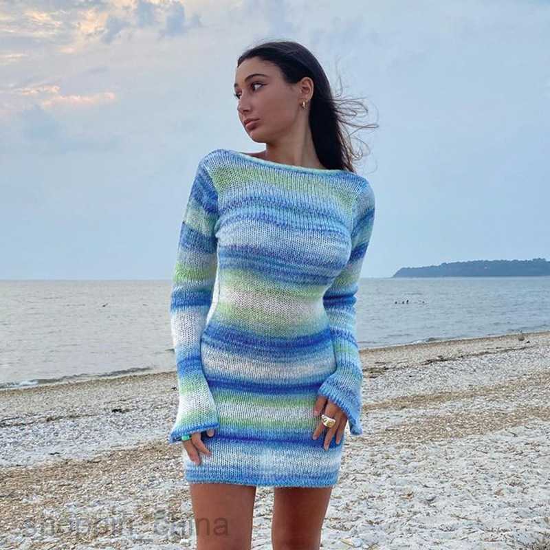 Basic Casual Women Dresses New women's sexy backless trumpet Sleeve Striped Sweater Dress autumn