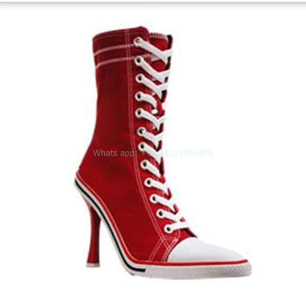 Design Stiletto High Heel Canvas Fashion Lady Lace Up Pointed Toe Sneakers Casual Ankle Shoes Outside Women 2024