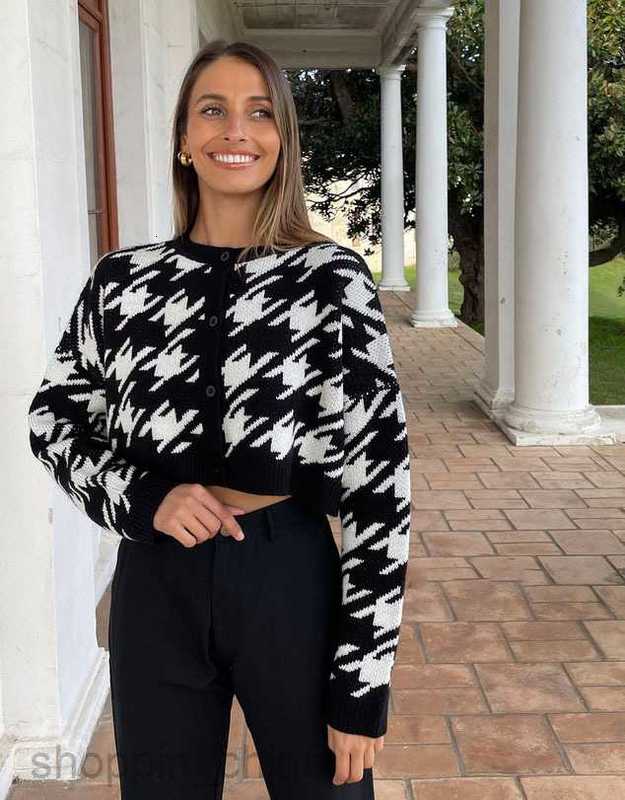 Women's Sweaters Maillard autumn/winter short cut open navel long sleeved bird check sweater cardigan pullover for women