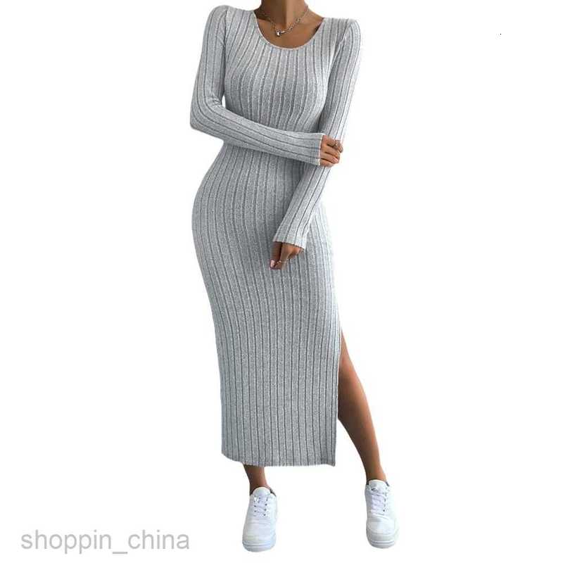 Basic Casual Women Dresses New Long sleeved Round Neck Split Knitted Long Dress PG2469