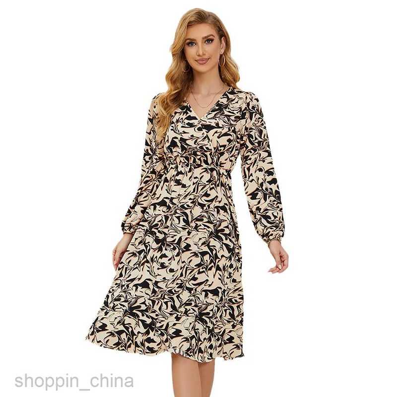 Basic Casual Women Dresses Spring and Autumn Elegant V-neck Printed Waist Wrapped Casual Long sleeved Dress JR2505
