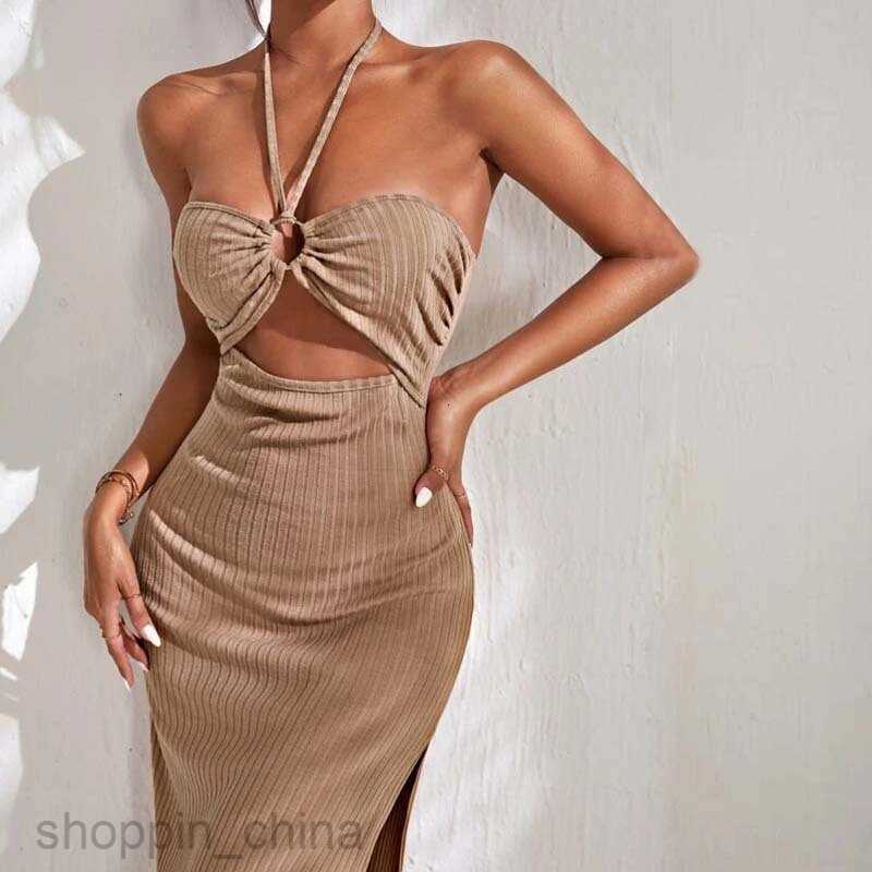 Basic Casual Women Dresses Cut Out Front Halter Neck Backless Slit Thigh Dress