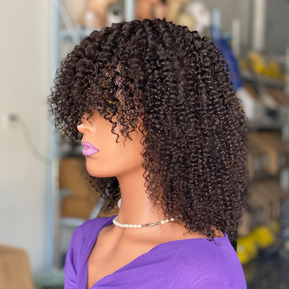 Curly Fringe Human Hair Wigs With Bangs 180 Density Glueless None Lace Hair With Bangs Natural Black Brazilian Women Wigs