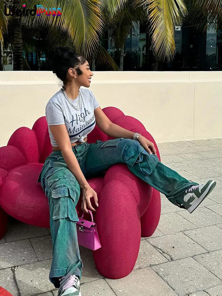 Weird Puss Letter Print TShirt Women Summer Casual Short Sleeve Knot Crop Tops Wild Streetwear Basic Stretch Soft Tees 240601