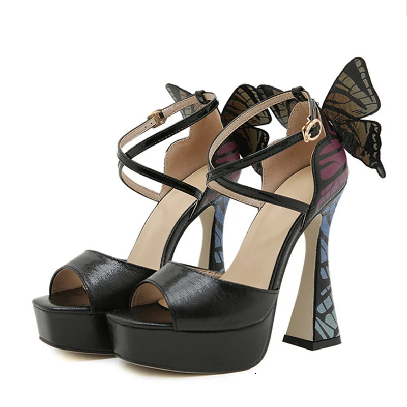 Liyke Summer 13.5CM Super High Heels Platform Sandals Women Fashion Big Butterfly Cover Strap Peep Toe Wedding Banquet Shoes 240615